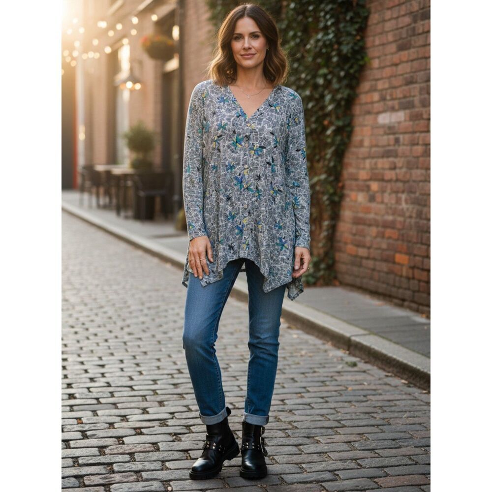 Logo Lori Goldstein Blue Floral Asymmetrical Button Front Top M